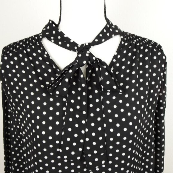 BY DESIGN Neck Tie Top Women's Plus Size 1X Black Polka Dot Smocked Shoulder - Picture 7 of 10